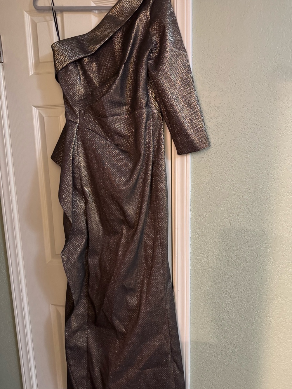 Teri Jon One-Shoulder Metallic Bronze Evening Gown